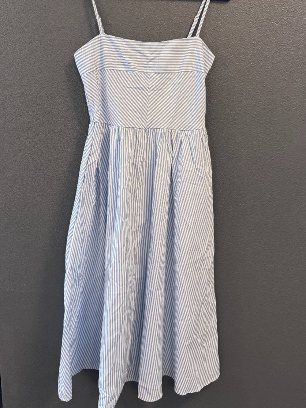 Blue and White Striped Smocked Back Midi Dress with Pockets